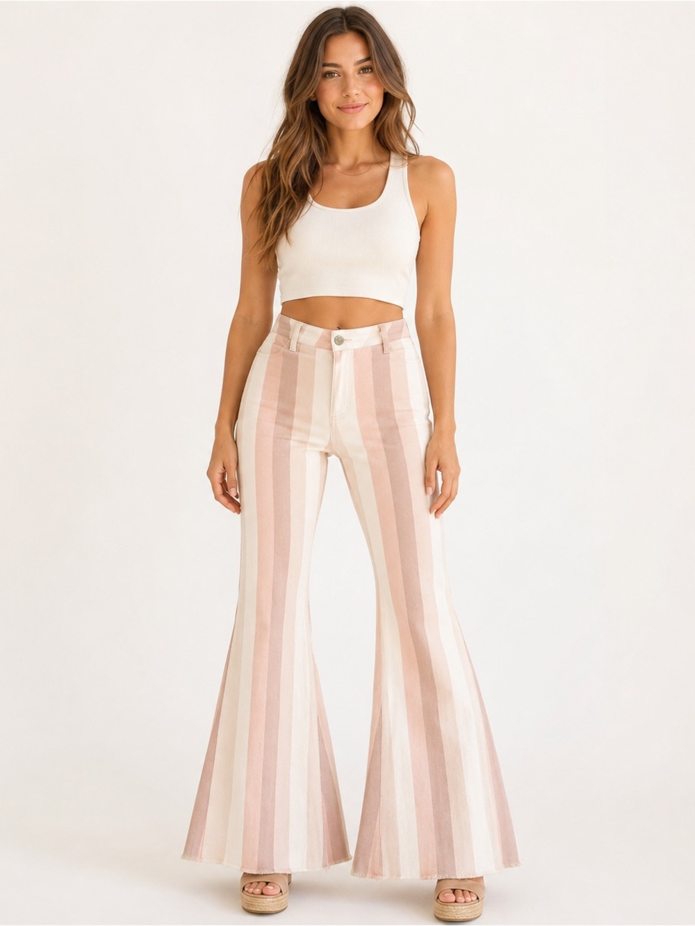 Pink Taupe Striped High Rise Bell Bottom Flare Jeans Size M Boho Western Y2K